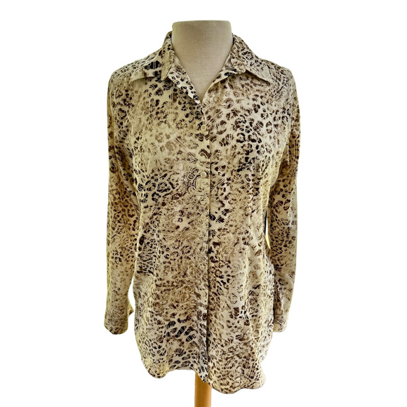 Chicos No-Iron Animal Print Button-Up Shirt Size 0/Small (4) Cotton Cream Brown - Picture 1 of 10